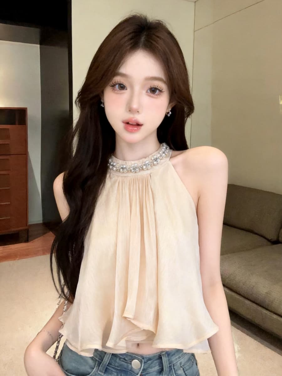 정가 있음 보호 프랑스식 분위기 센스 행침 목 진주 시폰 셔츠 여성 여름 수준 프릴 인형 셔츠 맨위 상세 이미지 18