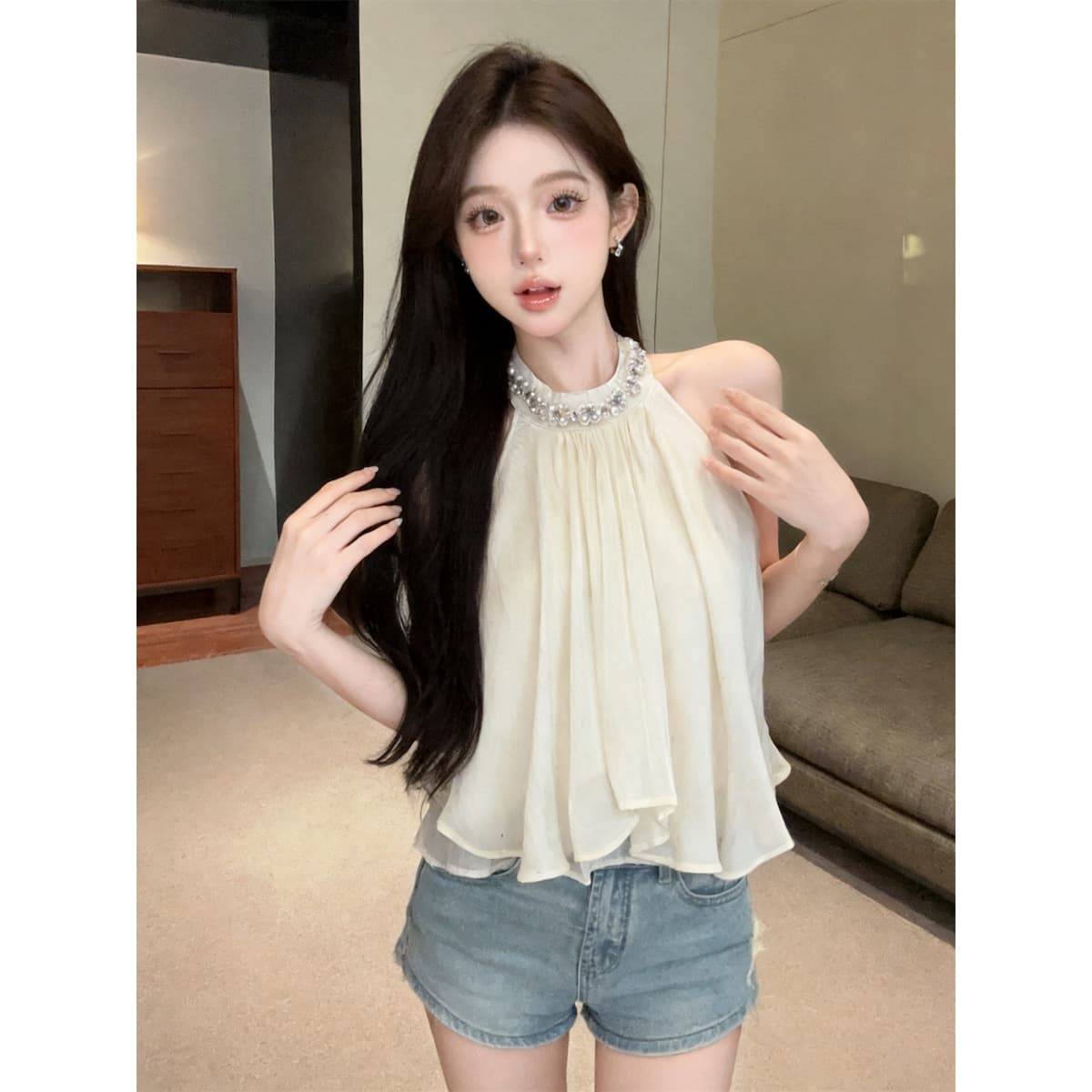 정가 있음 보호 프랑스식 분위기 센스 행침 목 진주 시폰 셔츠 여성 여름 수준 프릴 인형 셔츠 맨위 이미지 5