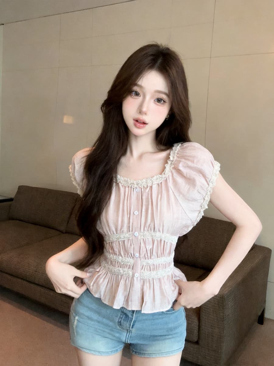 정가 있음 보호 무거운 작업 레이스 측면 반팔 여성 셔츠 여름 달콤함 품격 허리 수축 슬림해 보이는 쇼트 스타일 맨위 상세 이미지 9