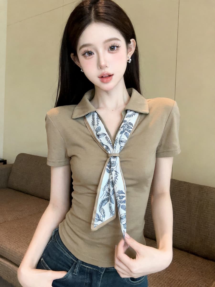 정가 있음 보호 프랑스식 POLO 칼라 반팔 티셔츠 여성 경기 스카프 디자인 센스 작은 대중 슬림해 보이는 맨위 여성 여름 이미지 2