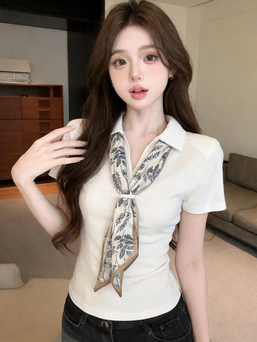 정가 있음 보호 프랑스식 POLO 칼라 반팔 티셔츠 여성 경기 스카프 디자인 센스 작은 대중 슬림해 보이는 맨위 여성 여름