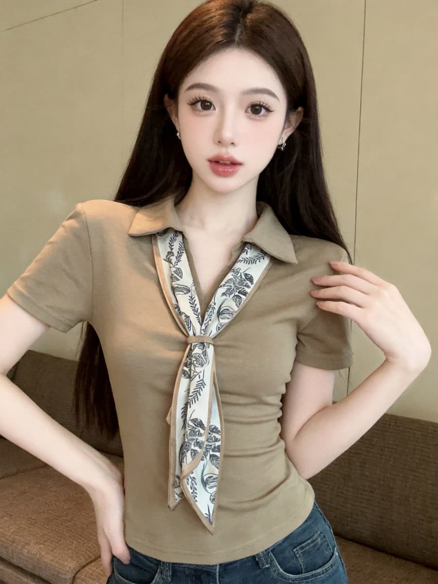 정가 있음 보호 프랑스식 POLO 칼라 반팔 티셔츠 여성 경기 스카프 디자인 센스 작은 대중 슬림해 보이는 맨위 여성 여름 이미지 3