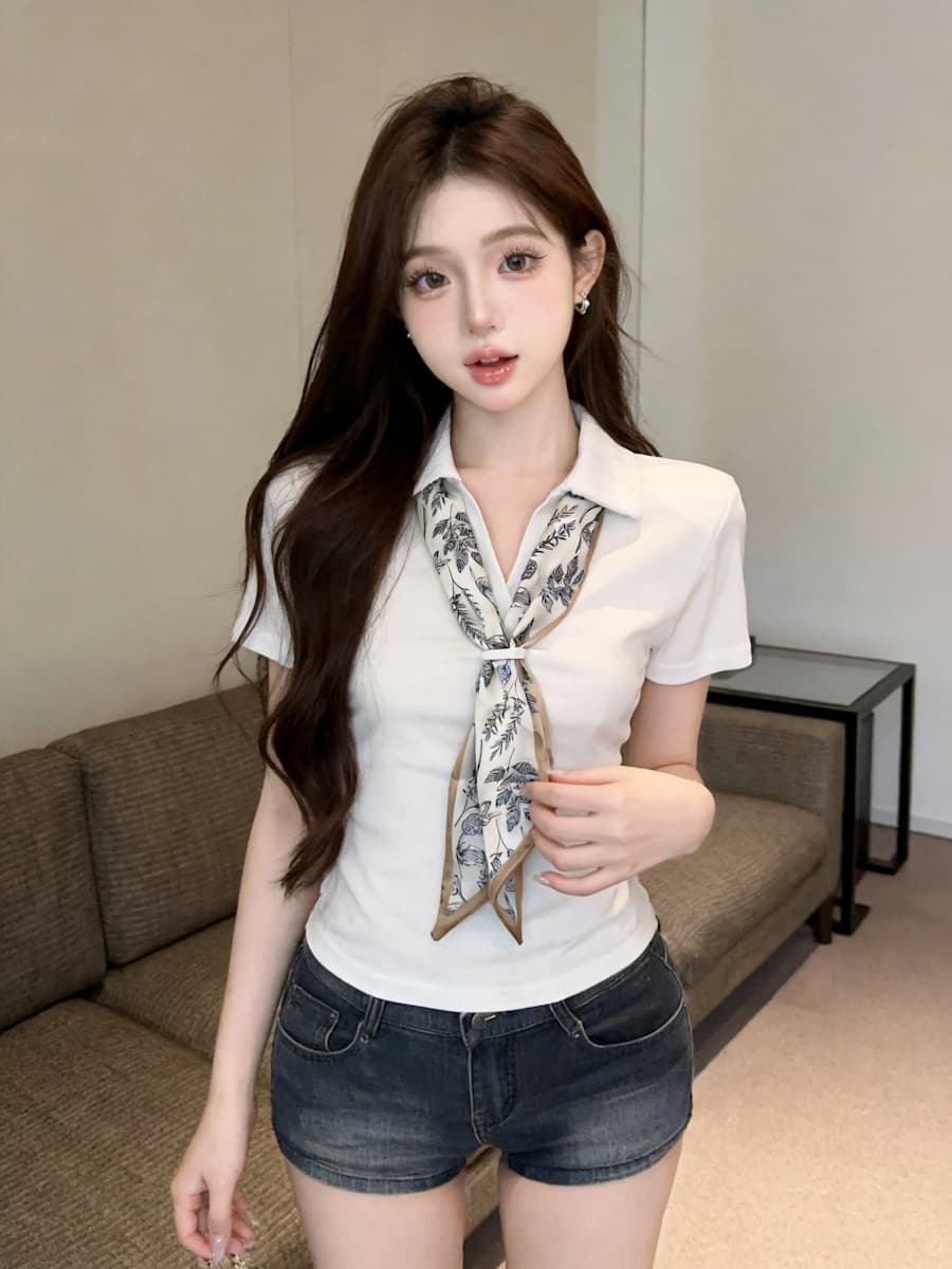 정가 있음 보호 프랑스식 POLO 칼라 반팔 티셔츠 여성 경기 스카프 디자인 센스 작은 대중 슬림해 보이는 맨위 여성 여름 상세 이미지 4