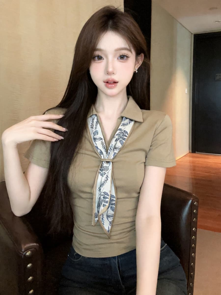 정가 있음 보호 프랑스식 POLO 칼라 반팔 티셔츠 여성 경기 스카프 디자인 센스 작은 대중 슬림해 보이는 맨위 여성 여름 상세 이미지 10