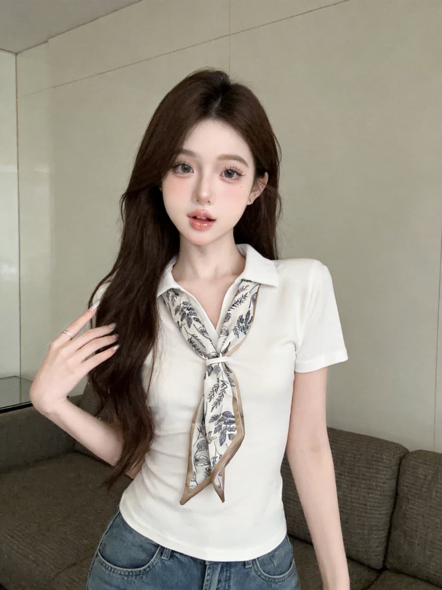정가 있음 보호 프랑스식 POLO 칼라 반팔 티셔츠 여성 경기 스카프 디자인 센스 작은 대중 슬림해 보이는 맨위 여성 여름 상세 이미지 15