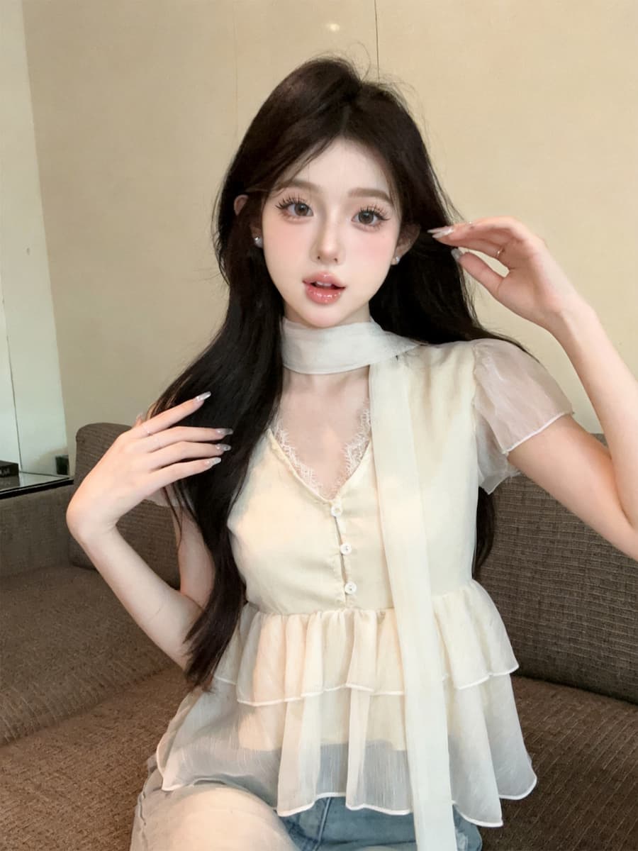 정가 있음 보호 고급 센스 행침 목 리본 프릴 반팔 셔츠 여름 달콤함 루즈핏 슬림해 보이는 맨위 여성 상세 이미지 6