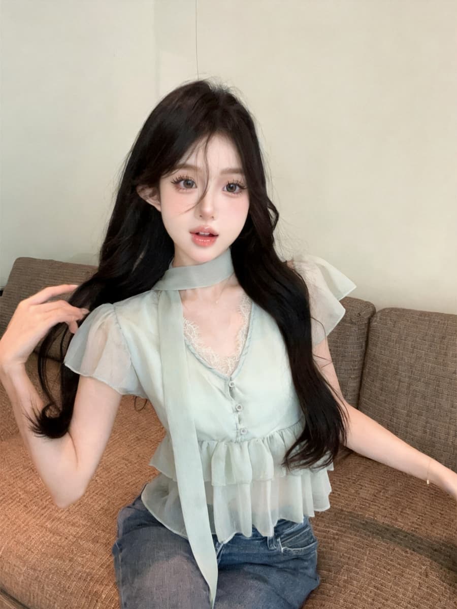 정가 있음 보호 고급 센스 행침 목 리본 프릴 반팔 셔츠 여름 달콤함 루즈핏 슬림해 보이는 맨위 여성 상세 이미지 20