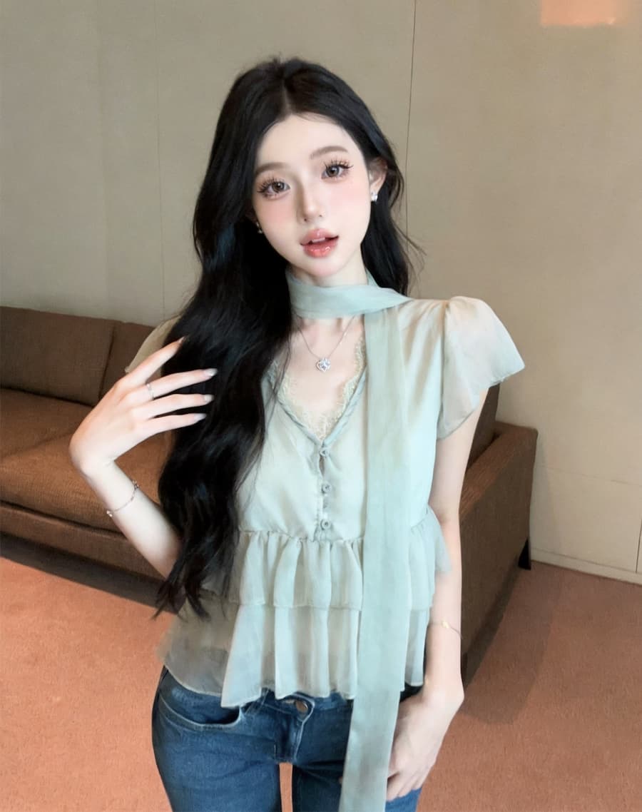정가 있음 보호 고급 센스 행침 목 리본 프릴 반팔 셔츠 여름 달콤함 루즈핏 슬림해 보이는 맨위 여성 상세 이미지 26