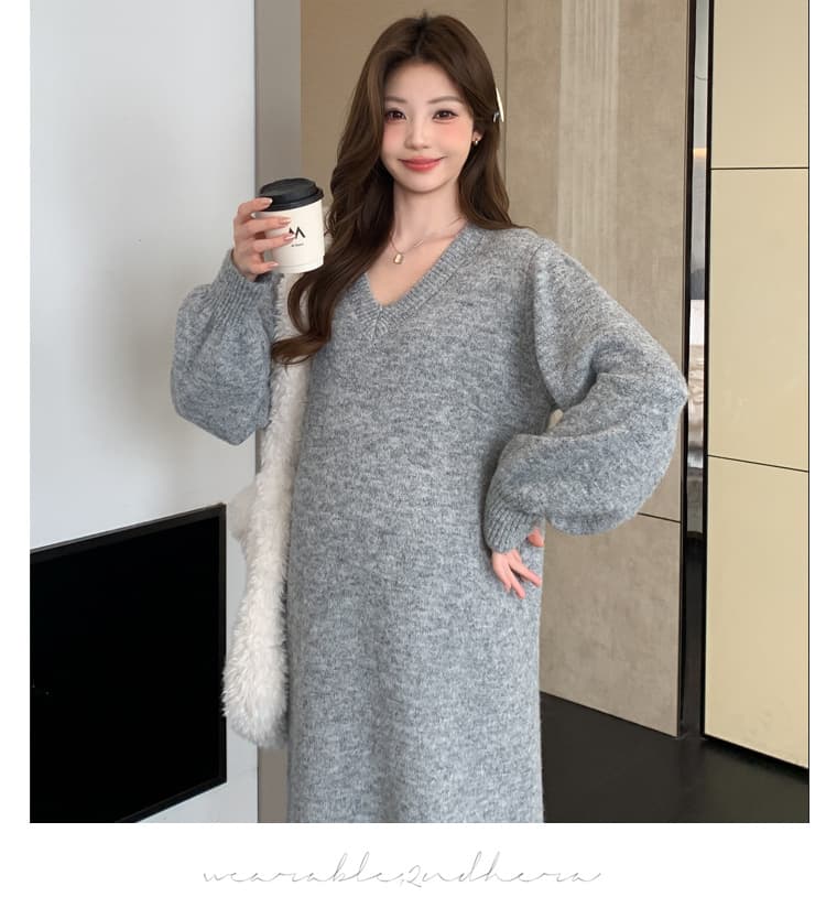실사 2026 출산 착용 가을 겨울 새로운 한국 스타일 패션 루즈핏 중간 길이 임산부 니트 드레스 상세 이미지 31