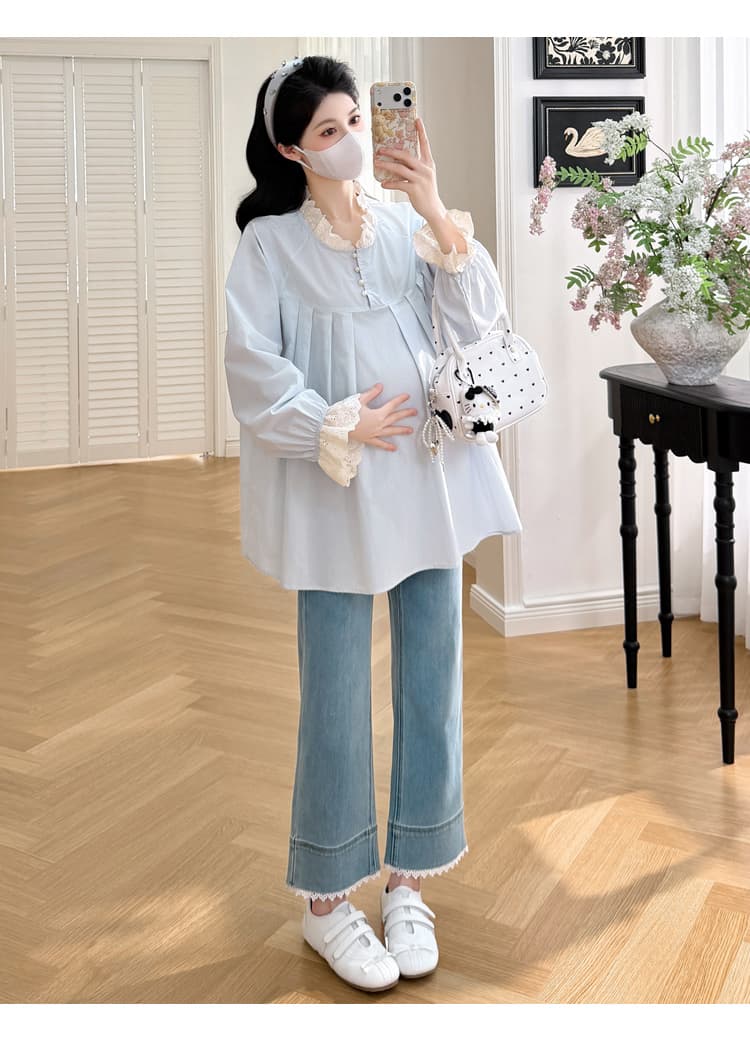 실사 지금 2026 가을 새로운 한국 스타일 패션 자수 공예 레이스 패치워크 임산부 중간 길이 맨위 상세 이미지 15