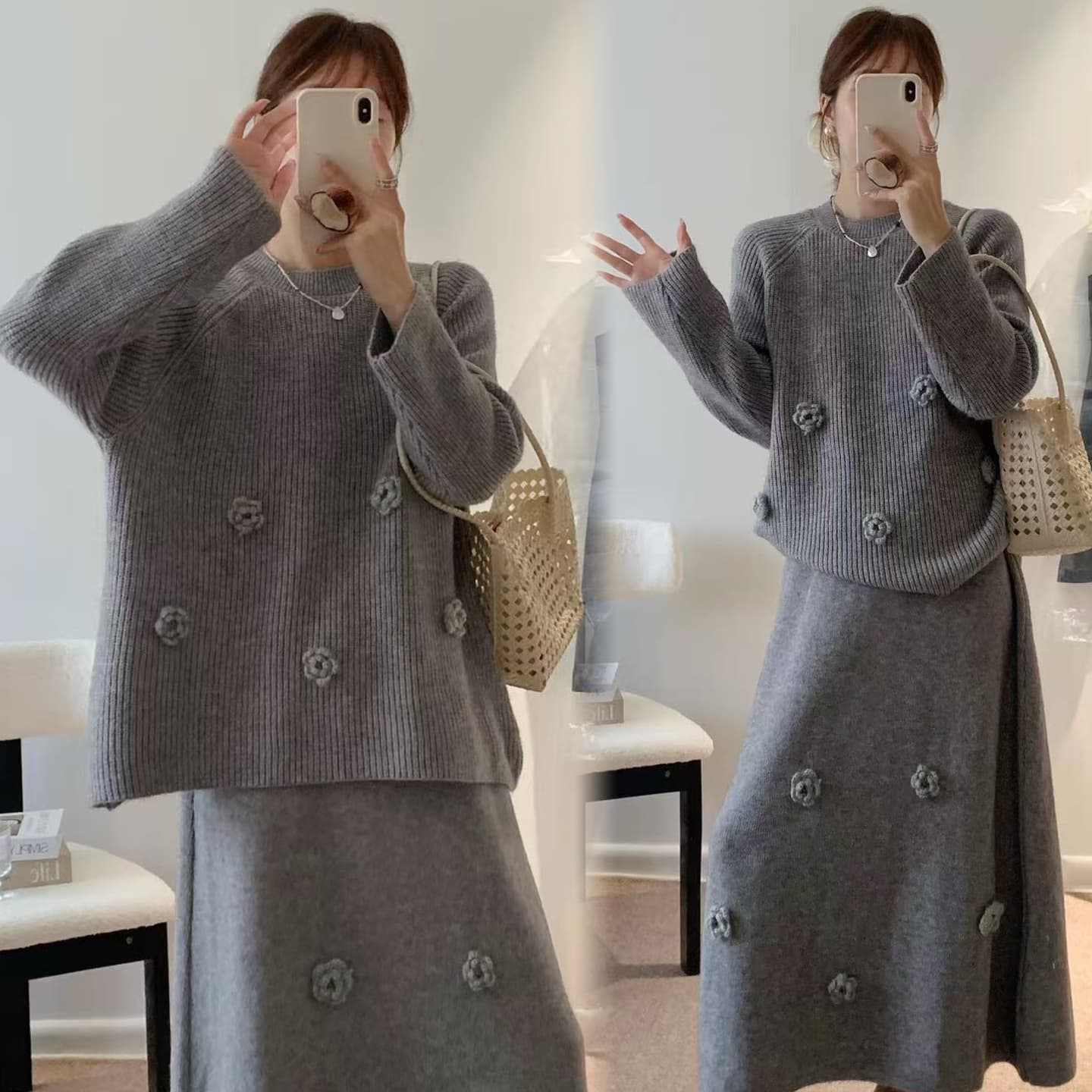 실사 지금 2026 가을 겨울 새로운 한국 스타일 패션 루즈핏 임산부 스웨터 치마 세트 상세 이미지 25