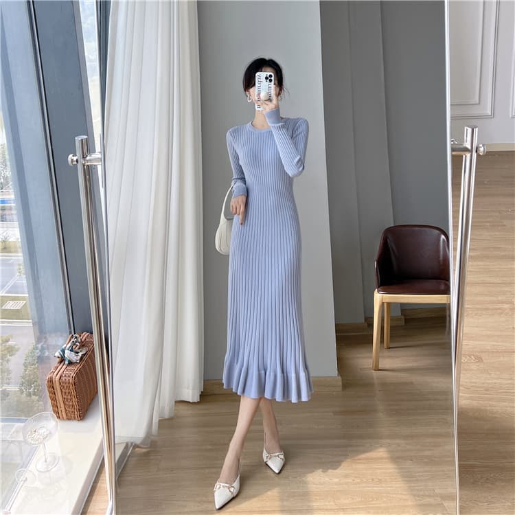 있음 도착 실사 가을 겨울 만나는 인사이드 가져 가라. 중간 길이 무릎 아래 프릴 인어 꼬리 스웨터 니트 여성 드레스 상세 이미지 15