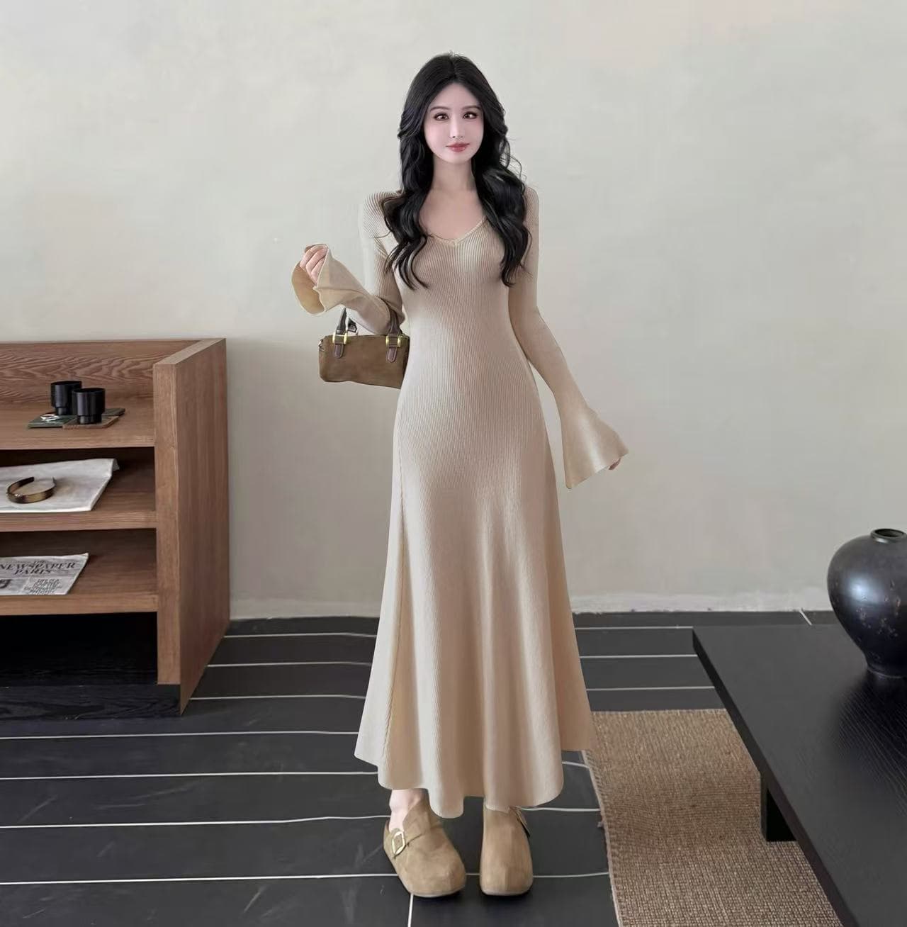 실사 부드러운 바람 품격 V넥 인사이드 가져 가라. 긴팔 니트 여성 드레스 이른 가을 섹시함 허리 수축 몸매 가꾸기 길다 치마 상세 이미지 11