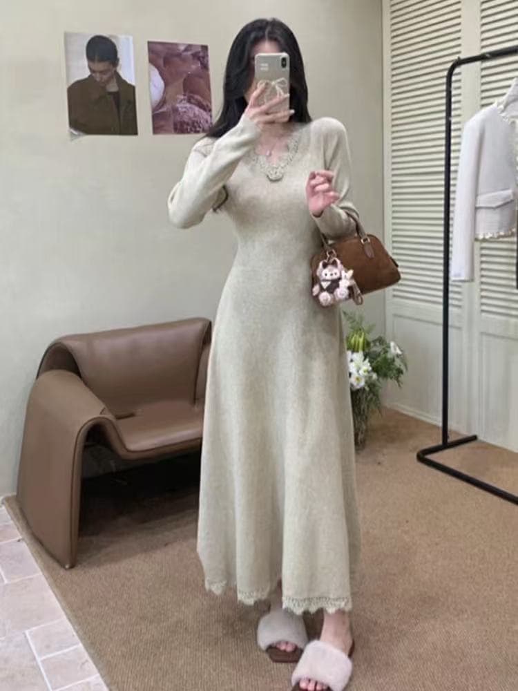 프랑스식 V넥 패치워크 레이스 치마 니트 여성 드레스 가을 겨울철 새로운 무릎 아래 예쁜 스웨터 롱 스커트 상세 이미지 8
