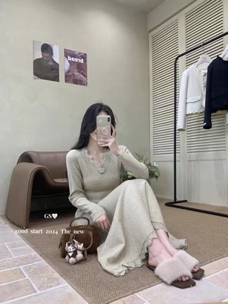 프랑스식 V넥 패치워크 레이스 치마 니트 여성 드레스 가을 겨울철 새로운 무릎 아래 예쁜 스웨터 롱 스커트 상세 이미지 9