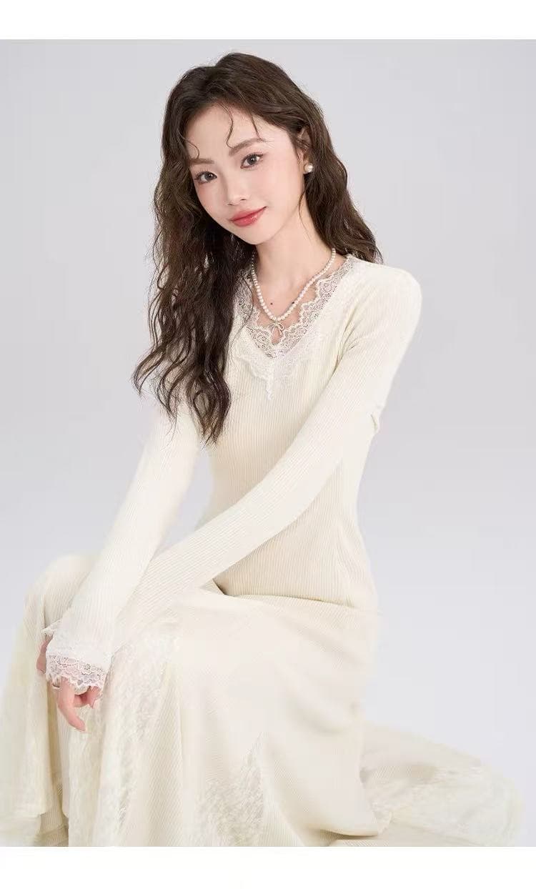 가을 샤오 만 프랑스식 부드러운 바람 니트 만나는 여성 드레스 가을 겨울철 경기 코트 레이스 인사이드 가져 가라. 품격 롱 스커트 상세 이미지 19