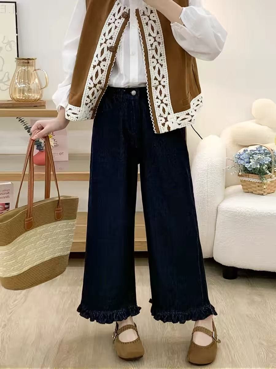 목이버섯 레이스 청바지 여성 봄 여름 새로운 빅 사이즈 지방 mm 배 종류 몸 슬림해 보이는 작은 키 스트레이트 와이드 레그 팬츠 이미지 2