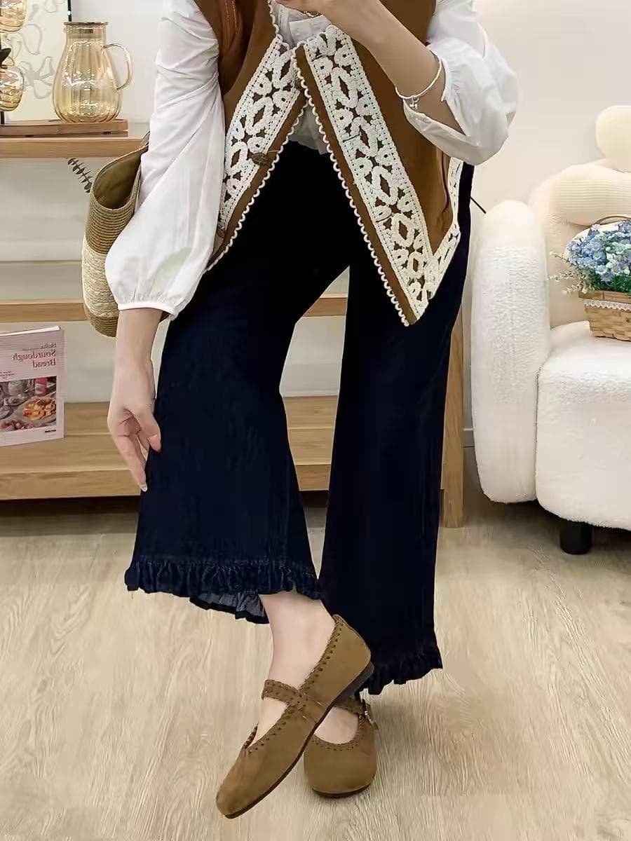 목이버섯 레이스 청바지 여성 봄 여름 새로운 빅 사이즈 지방 mm 배 종류 몸 슬림해 보이는 작은 키 스트레이트 와이드 레그 팬츠 이미지 3