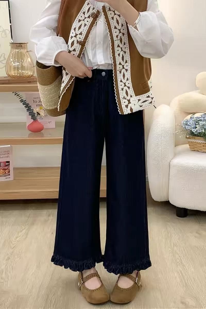 목이버섯 레이스 청바지 여성 봄 여름 새로운 빅 사이즈 지방 mm 배 종류 몸 슬림해 보이는 작은 키 스트레이트 와이드 레그 팬츠 이미지 6
