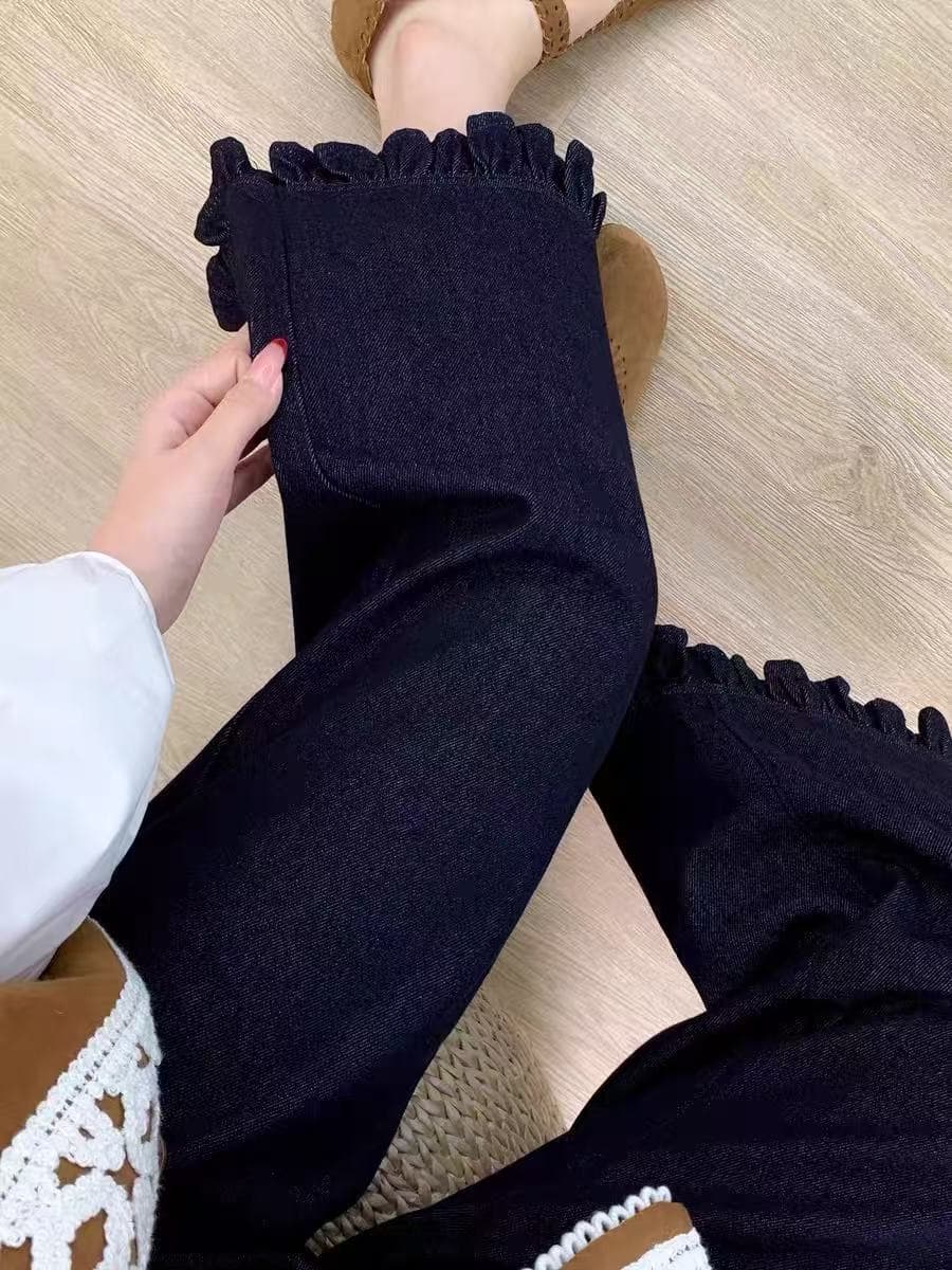 목이버섯 레이스 청바지 여성 봄 여름 새로운 빅 사이즈 지방 mm 배 종류 몸 슬림해 보이는 작은 키 스트레이트 와이드 레그 팬츠 상세 이미지 11