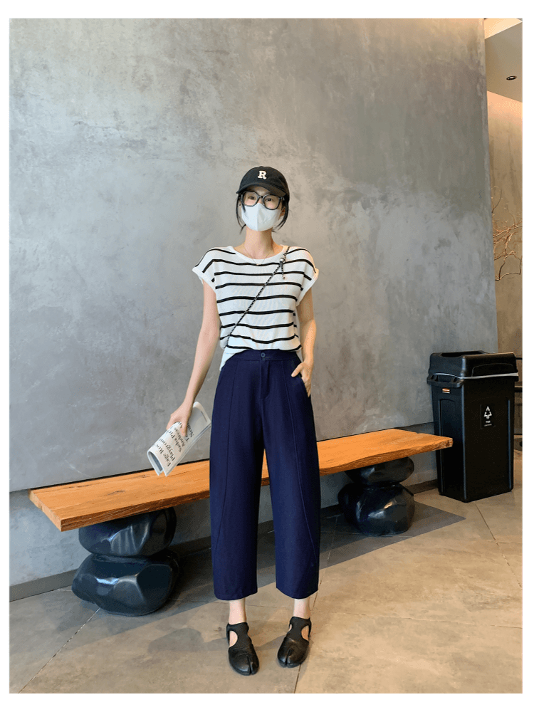 진한 파란색 할란 주간 실크 청바지 여성 봄 여름 새로운 배 모양 몸 하이웨이스트 루즈핏 슬림해 보이는 9 포인트 와이드 레그 팬츠 상세 이미지 11
