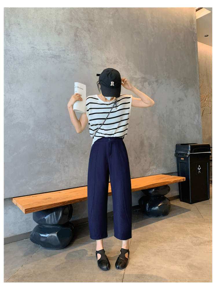 진한 파란색 할란 주간 실크 청바지 여성 봄 여름 새로운 배 모양 몸 하이웨이스트 루즈핏 슬림해 보이는 9 포인트 와이드 레그 팬츠 상세 이미지 12