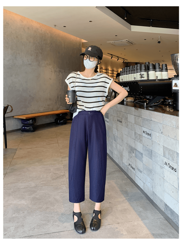 진한 파란색 할란 주간 실크 청바지 여성 봄 여름 새로운 배 모양 몸 하이웨이스트 루즈핏 슬림해 보이는 9 포인트 와이드 레그 팬츠 상세 이미지 15