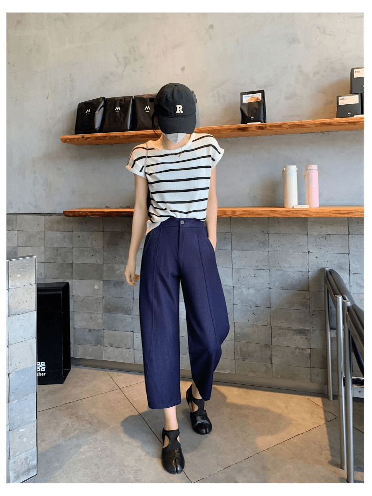 진한 파란색 할란 주간 실크 청바지 여성 봄 여름 새로운 배 모양 몸 하이웨이스트 루즈핏 슬림해 보이는 9 포인트 와이드 레그 팬츠 상세 이미지 19