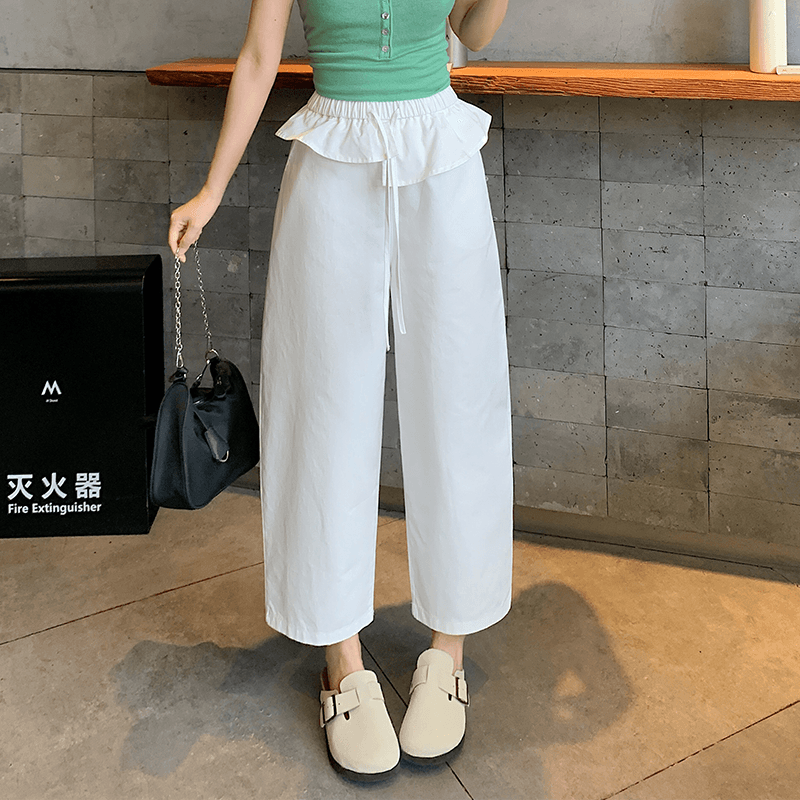 워시 물 순면 9 포인트 워크웨어 팬츠 올해 인기 ~ 중 바지 봄 여름 프릴 허리밴드 모통이 칼 와이드 레깅스 바지 이미지 4