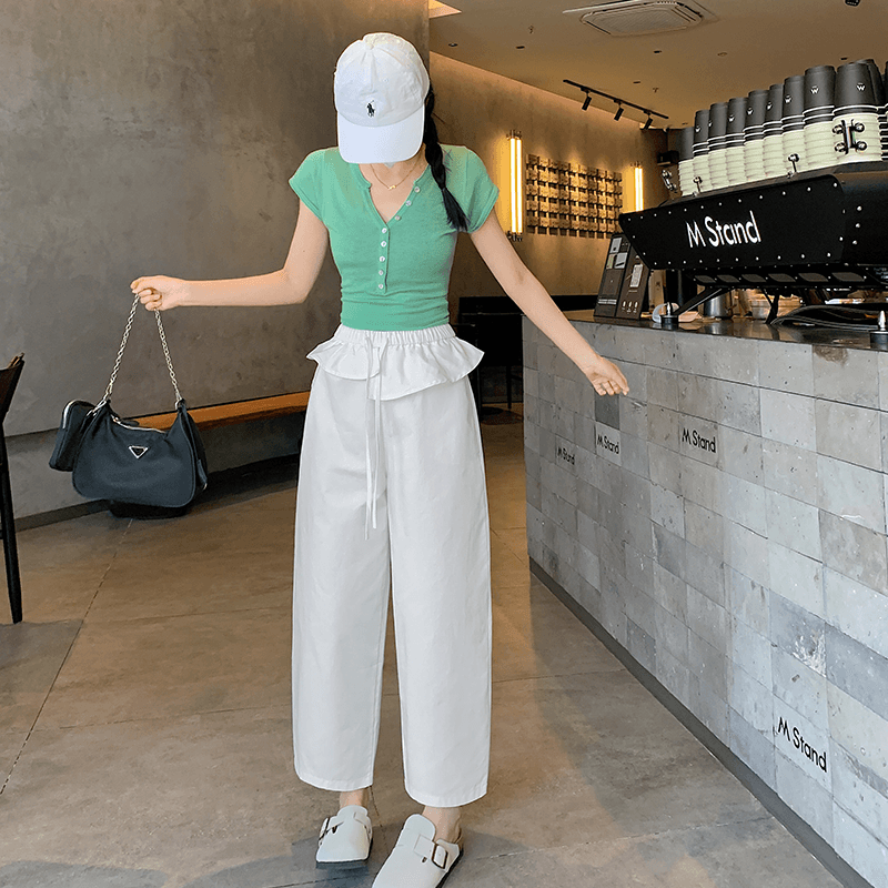 워시 물 순면 9 포인트 워크웨어 팬츠 올해 인기 ~ 중 바지 봄 여름 프릴 허리밴드 모통이 칼 와이드 레깅스 바지 이미지 5