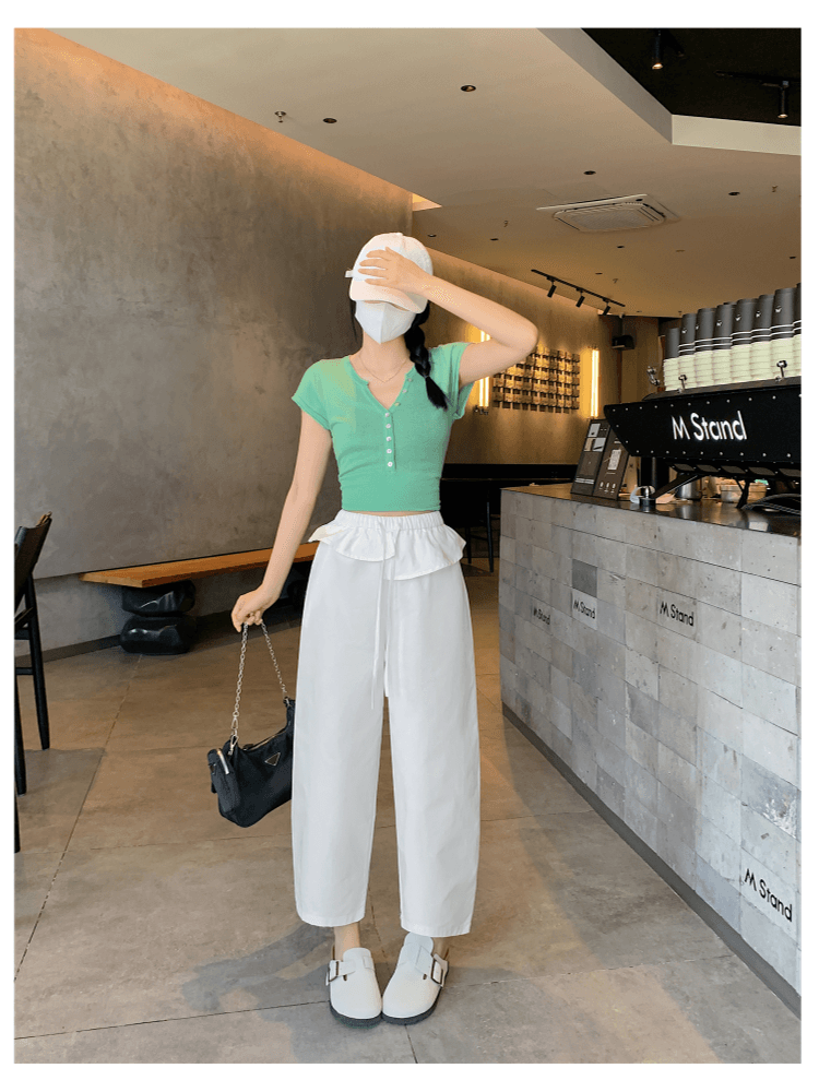 워시 물 순면 9 포인트 워크웨어 팬츠 올해 인기 ~ 중 바지 봄 여름 프릴 허리밴드 모통이 칼 와이드 레깅스 바지 상세 이미지 30