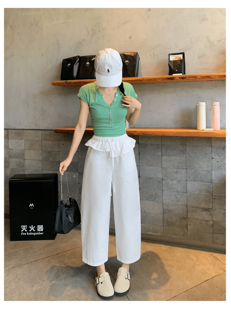 워시 물 순면 9 포인트 워크웨어 팬츠 올해 인기 ~ 중 바지 봄 여름 프릴 허리밴드 모통이 칼 와이드 레깅스 바지 상세 이미지 34