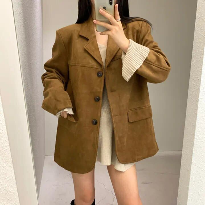 사슴 캐시미어 정장 여성 코트 한국 레트로 루즈핏 슬림해 보이는 싱글 줄 버튼 고급 센스 품격 다용도 긴팔 맨위 상세 이미지 13