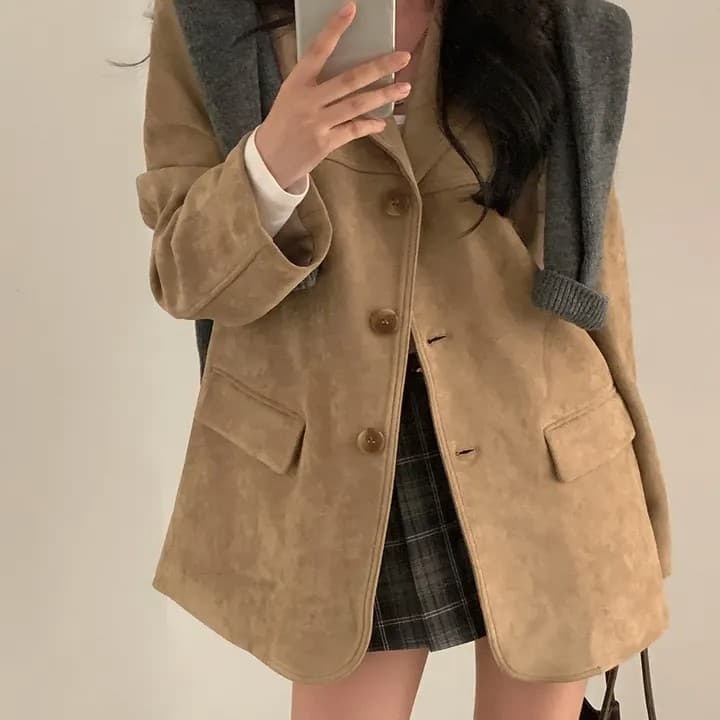 한국 chic 가을 새로운 레트로 품격 더블 주머니 아름다움 라드. 색상 시스템 루즈핏 다용도 긴팔 블레이저 상세 이미지 5