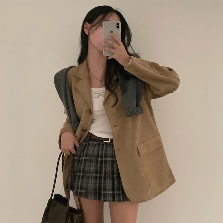 한국 chic 가을 새로운 레트로 품격 더블 주머니 아름다움 라드. 색상 시스템 루즈핏 다용도 긴팔 블레이저 상세 이미지 7