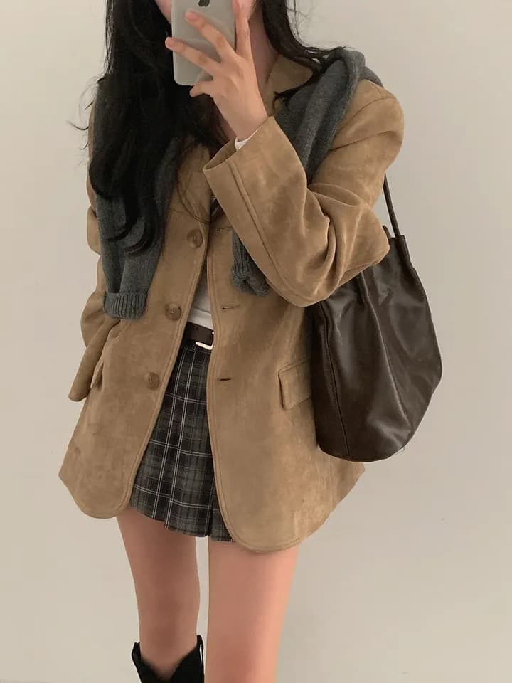 한국 chic 가을 새로운 레트로 품격 더블 주머니 아름다움 라드. 색상 시스템 루즈핏 다용도 긴팔 블레이저 상세 이미지 11