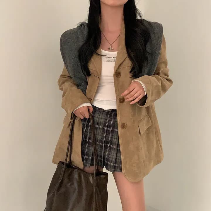 한국 chic 가을 새로운 레트로 품격 더블 주머니 아름다움 라드. 색상 시스템 루즈핏 다용도 긴팔 블레이저 상세 이미지 19