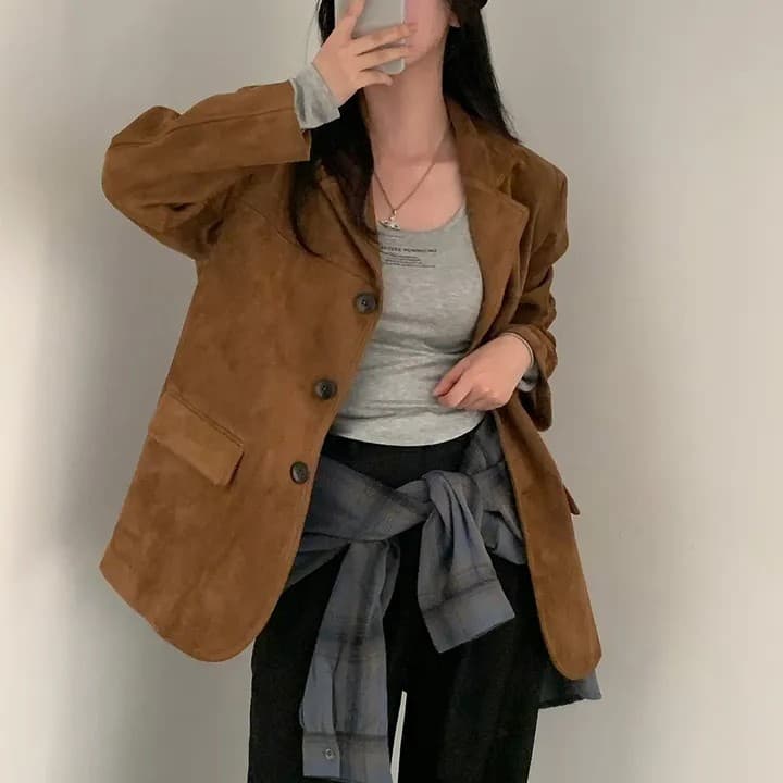 한국 chic 가을 새로운 레트로 품격 더블 주머니 아름다움 라드. 색상 시스템 루즈핏 다용도 긴팔 블레이저 상세 이미지 46