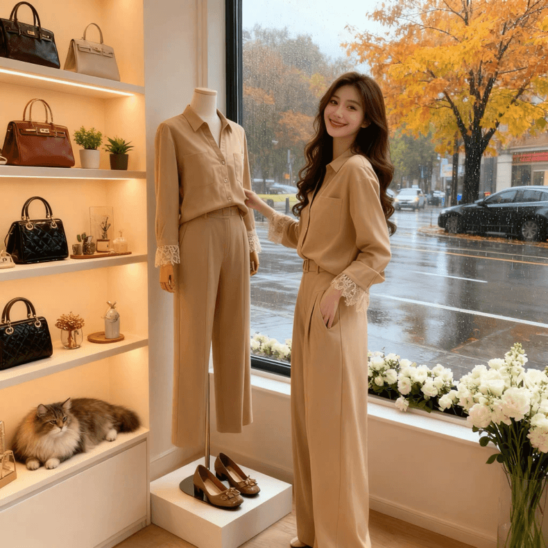 2026 년 봄 여름 새로운 작은 대중 캐주얼 레이스 조각 자외선 차단 셔츠 스트레이트 슬림해 보이는 와이드 레그 팬츠 두 조각 여성 세트 상세 이미지 1