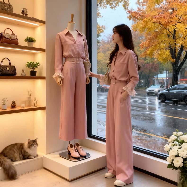 2026 년 봄 여름 새로운 작은 대중 캐주얼 레이스 조각 자외선 차단 셔츠 스트레이트 슬림해 보이는 와이드 레그 팬츠 두 조각 여성 세트 상세 이미지 4