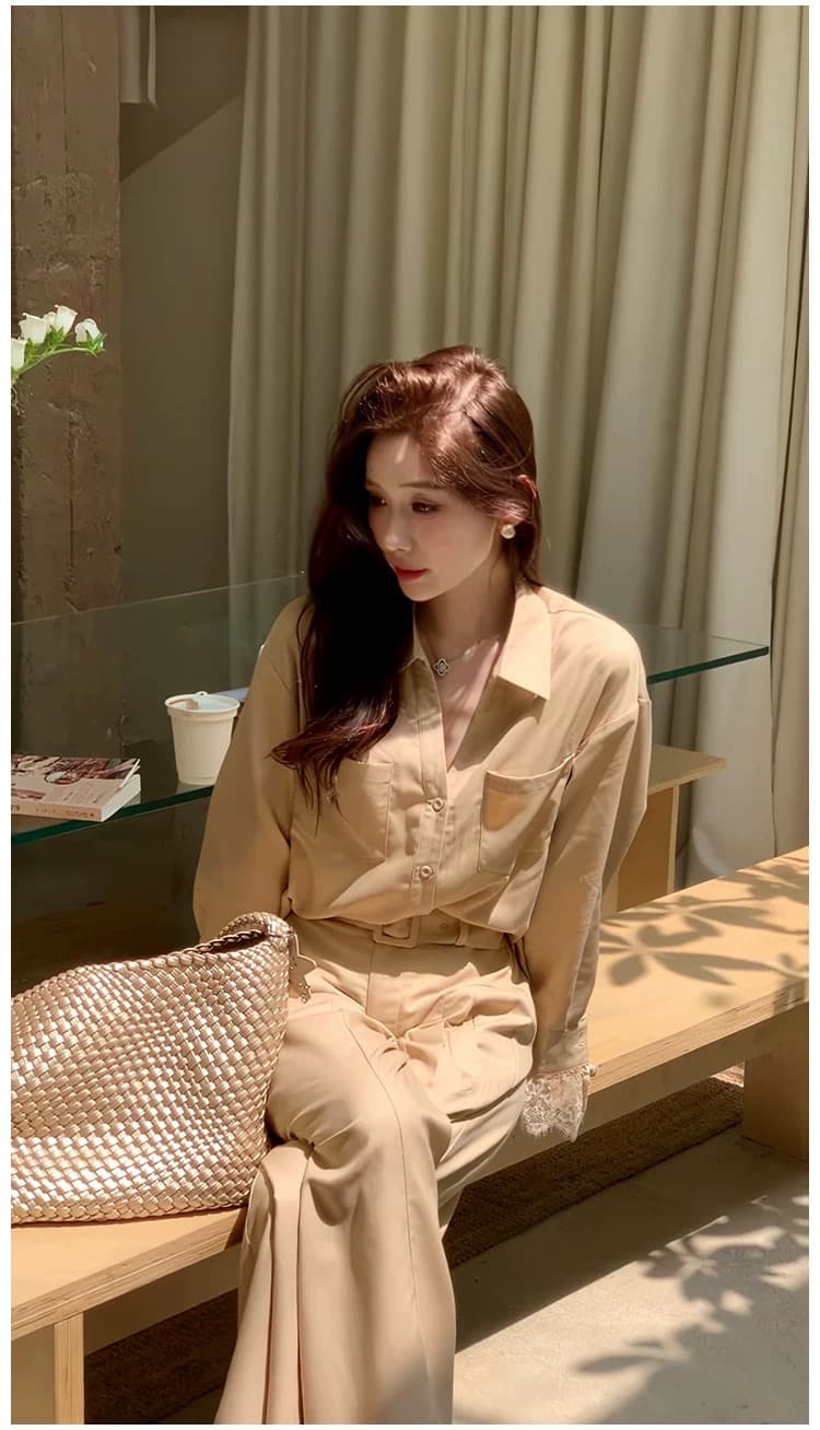 2026 년 봄 여름 새로운 작은 대중 캐주얼 레이스 조각 자외선 차단 셔츠 스트레이트 슬림해 보이는 와이드 레그 팬츠 두 조각 여성 세트 상세 이미지 5