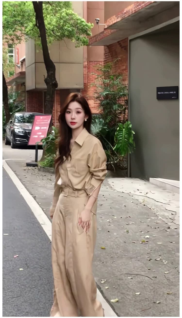 2026 년 봄 여름 새로운 작은 대중 캐주얼 레이스 조각 자외선 차단 셔츠 스트레이트 슬림해 보이는 와이드 레그 팬츠 두 조각 여성 세트 상세 이미지 7