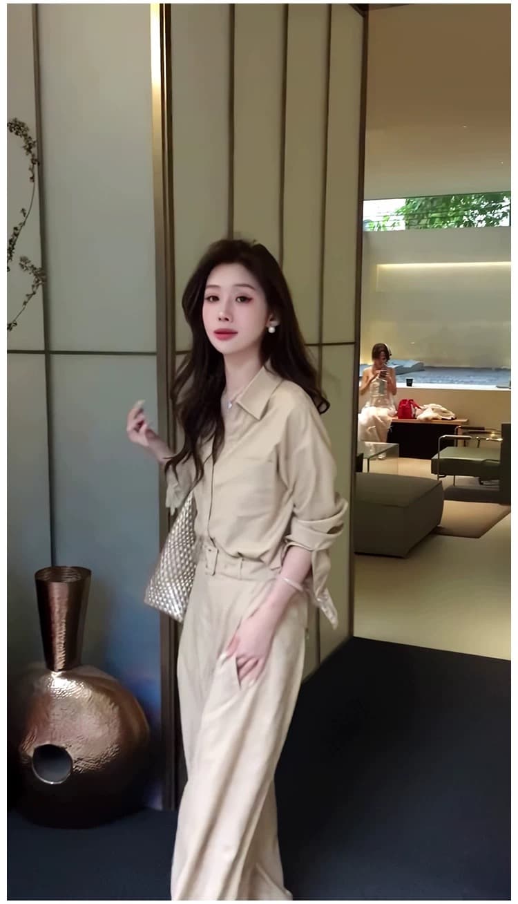 2026 년 봄 여름 새로운 작은 대중 캐주얼 레이스 조각 자외선 차단 셔츠 스트레이트 슬림해 보이는 와이드 레그 팬츠 두 조각 여성 세트 상세 이미지 9
