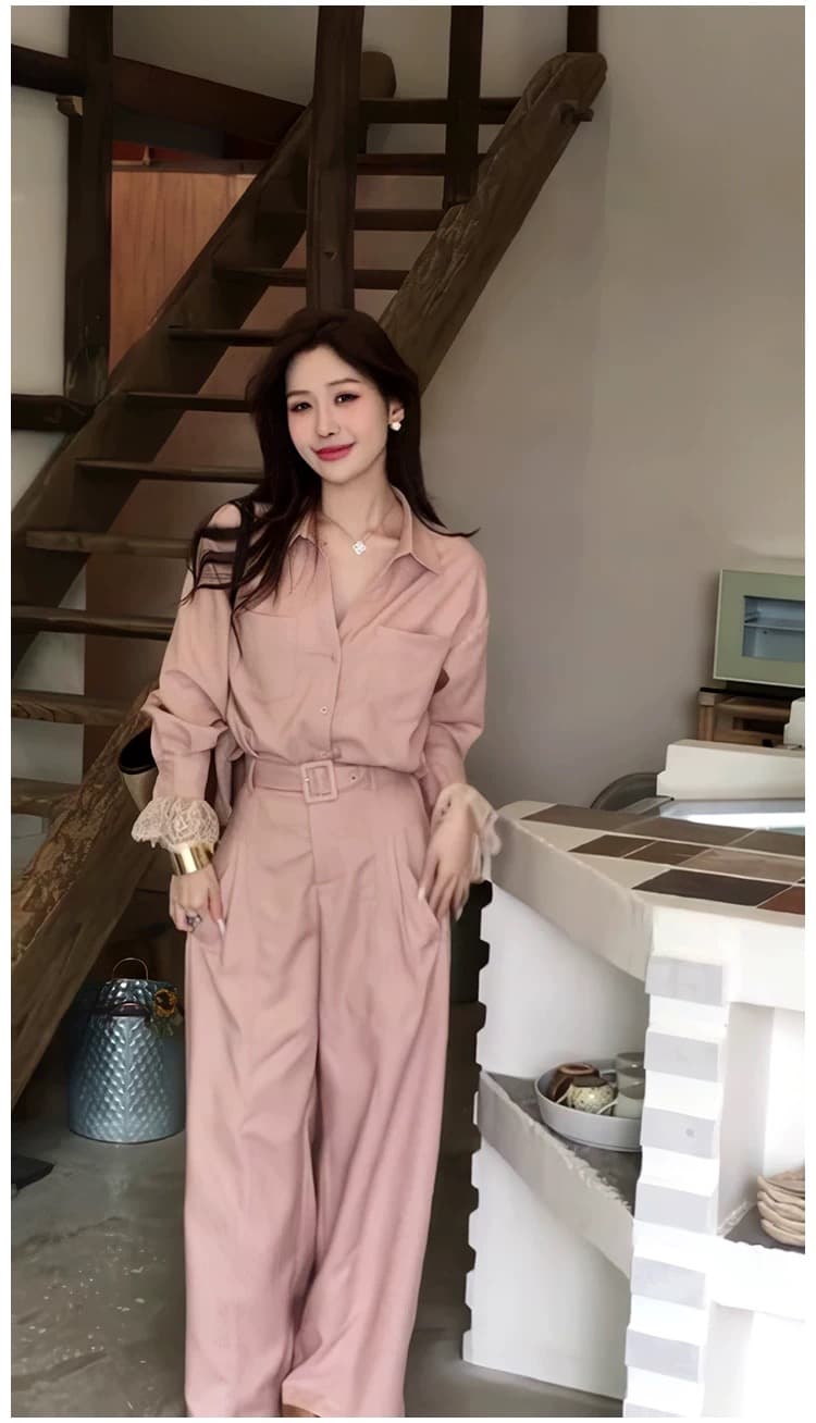2026 년 봄 여름 새로운 작은 대중 캐주얼 레이스 조각 자외선 차단 셔츠 스트레이트 슬림해 보이는 와이드 레그 팬츠 두 조각 여성 세트 상세 이미지 11