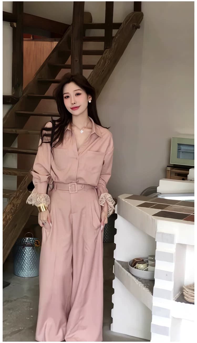2026 년 봄 여름 새로운 작은 대중 캐주얼 레이스 조각 자외선 차단 셔츠 스트레이트 슬림해 보이는 와이드 레그 팬츠 두 조각 여성 세트 상세 이미지 12