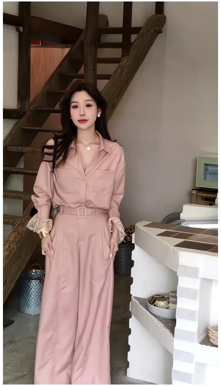 2026 년 봄 여름 새로운 작은 대중 캐주얼 레이스 조각 자외선 차단 셔츠 스트레이트 슬림해 보이는 와이드 레그 팬츠 두 조각 여성 세트 상세 이미지 14