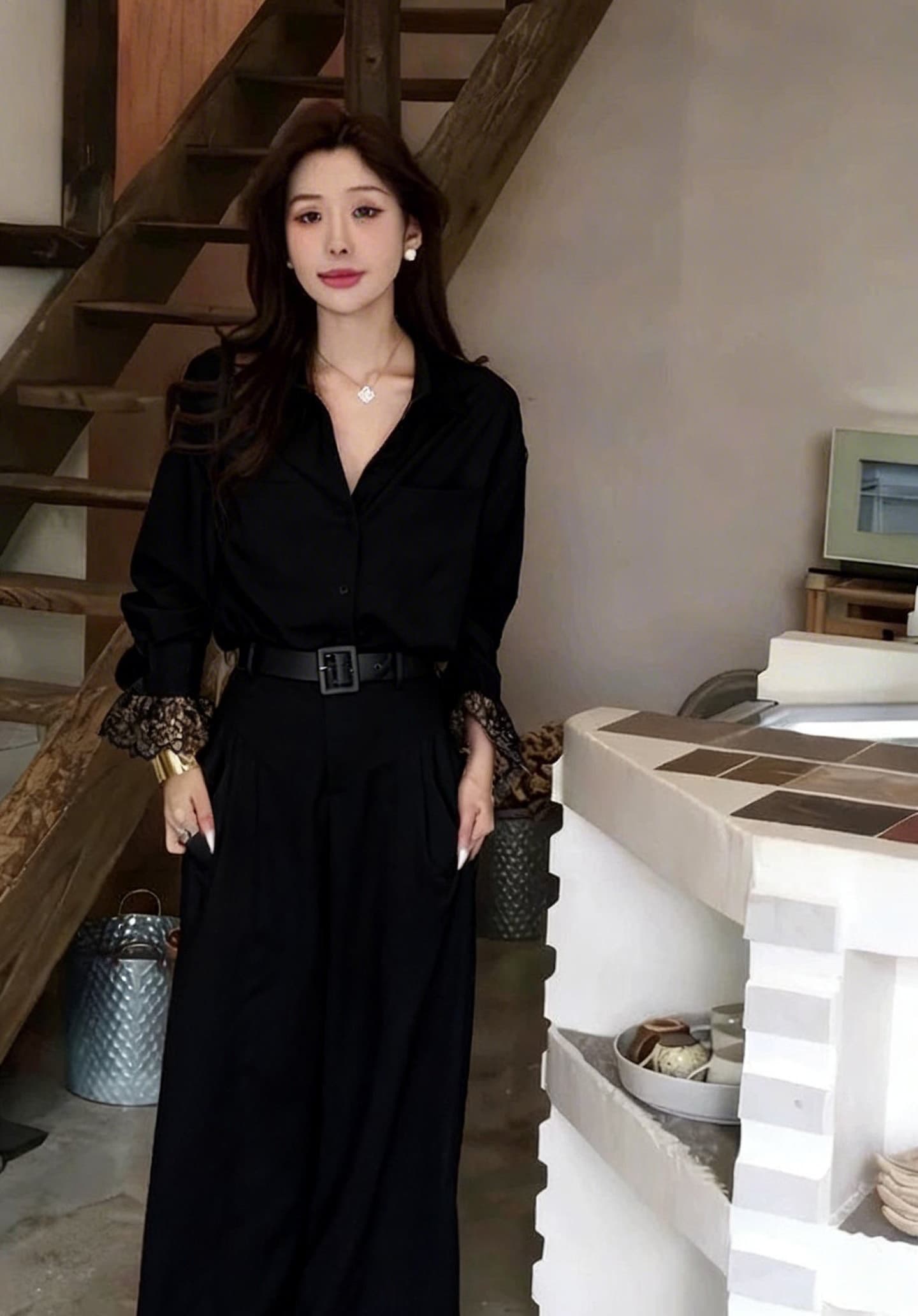 2026 년 봄 여름 새로운 작은 대중 캐주얼 레이스 조각 자외선 차단 셔츠 스트레이트 슬림해 보이는 와이드 레그 팬츠 두 조각 여성 세트 상세 이미지 15