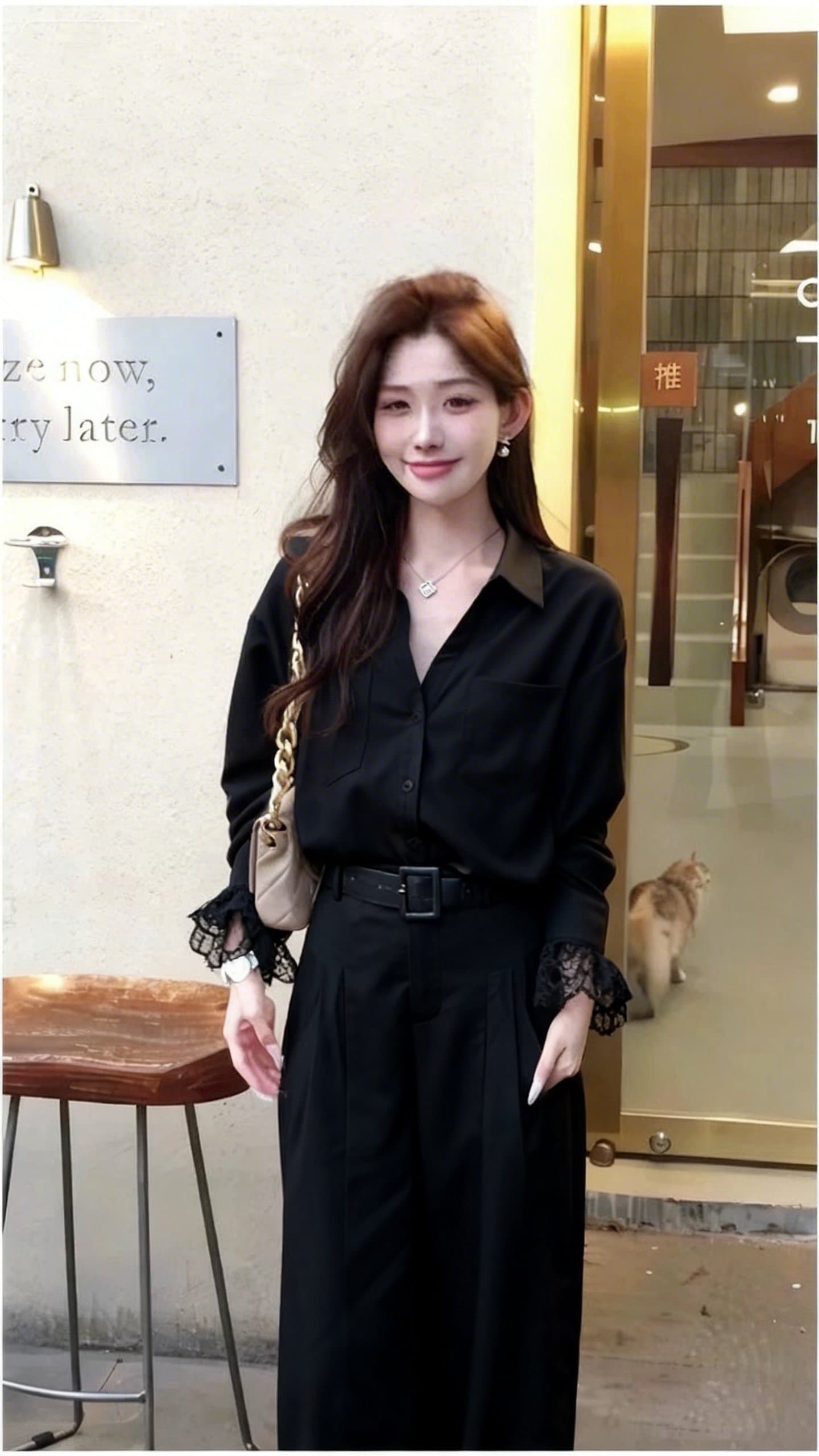 2026 년 봄 여름 새로운 작은 대중 캐주얼 레이스 조각 자외선 차단 셔츠 스트레이트 슬림해 보이는 와이드 레그 팬츠 두 조각 여성 세트 상세 이미지 16
