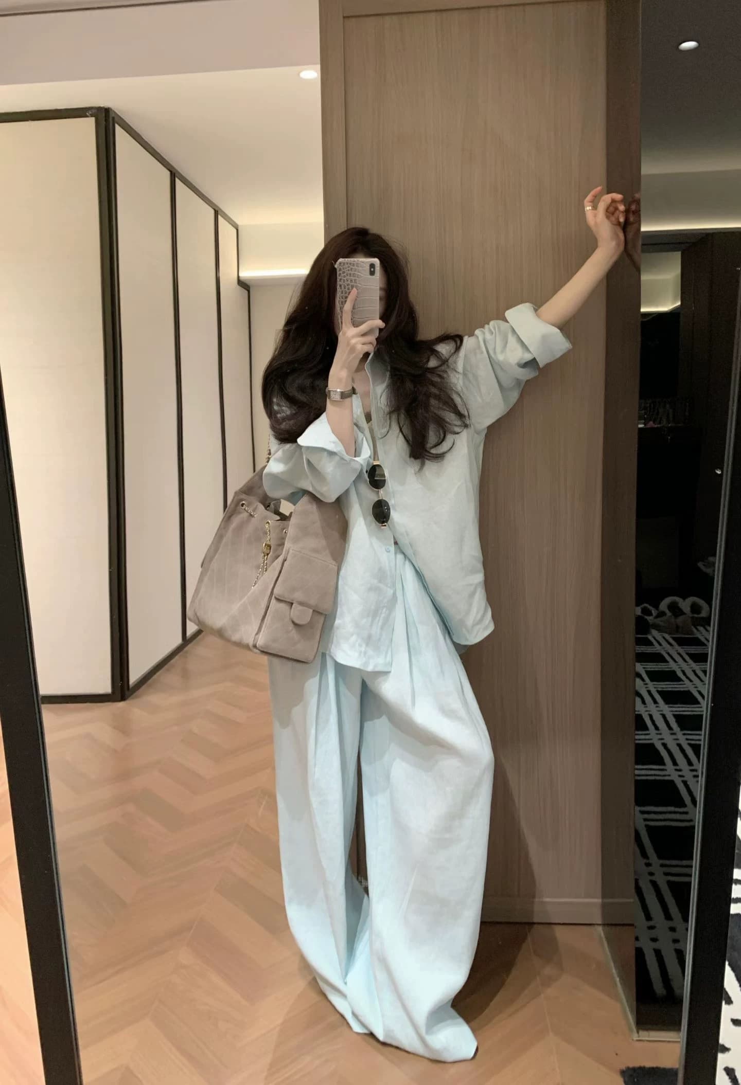 크기 있음 업데이트 오래된 돈 바람 느슨함 센스 2026 봄 얇은 스타일 자외선 차단 셔츠 캐주얼 와이드 레그 팬츠 투피스 세트 상세 이미지 11