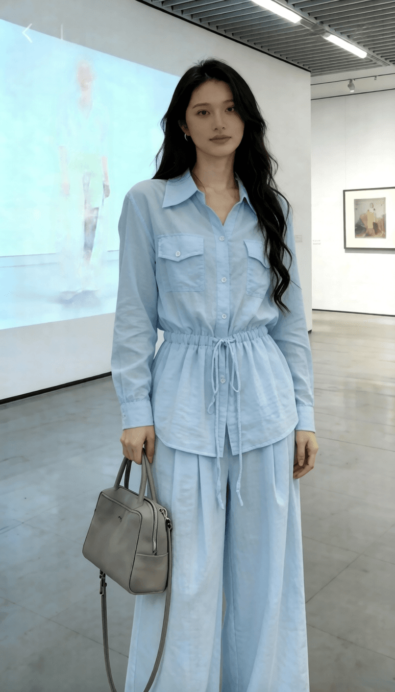 2026 년 봄 여름 새로운 캐주얼 느긋한 바람 긴팔 레이스업 허리 수축 여성 셔츠 와이드 레그 팬츠 투피스 세트 세트 상세 이미지 3